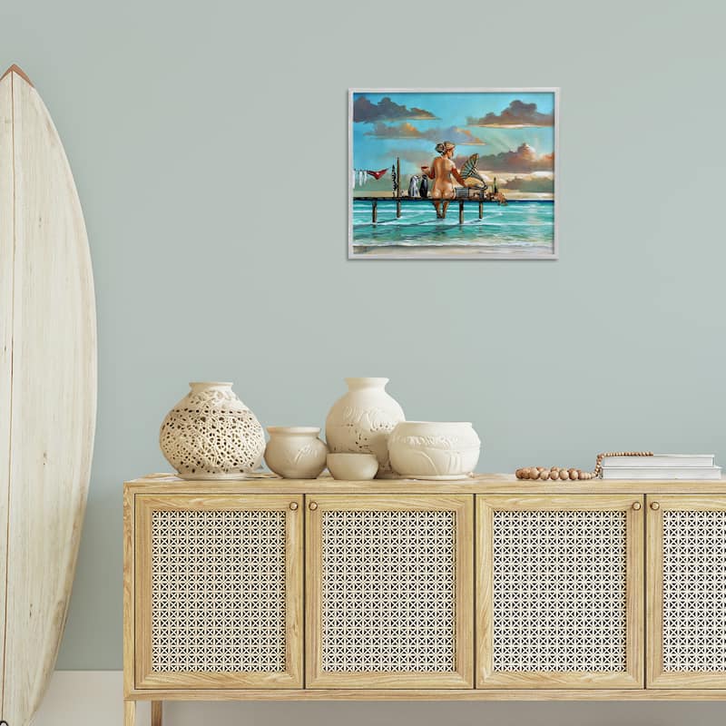 Stupell Woman & Cats Beach Sunset Framed Giclee Art Design By Ronald West