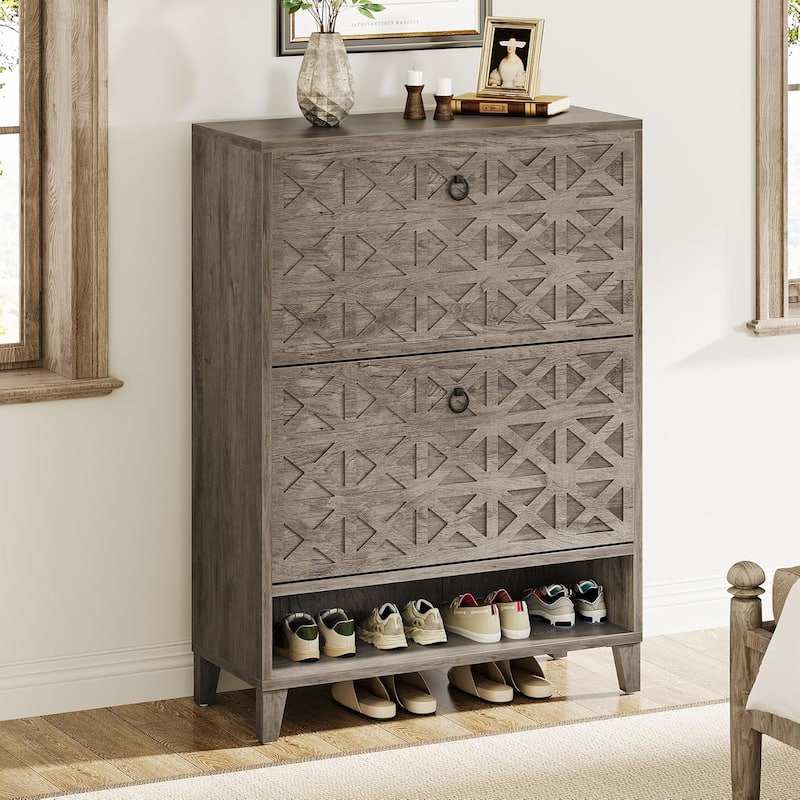 Narrow Hidden Shoe Storage Cabinet with 2 Flip Drawers