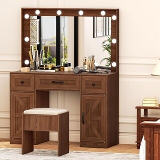 brown dressing table stool 43.3'' Wide Makeup Vanity with Adjustable Lighted Mirror and Stool, Power Outlet - On Sale - Bed Bath & Beyond Size:24W