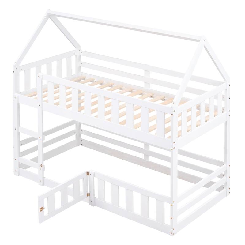 Twin over Twin House Bunk Bed with Fence and Door