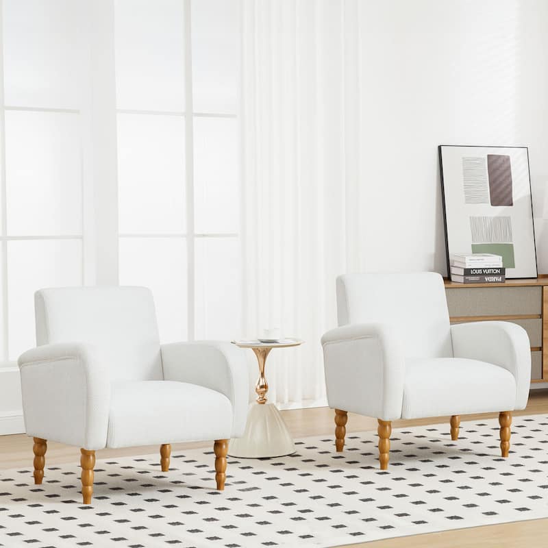 Fabric Armchair Accent Chair with Arms & Wood Legs - Set of 2 - White