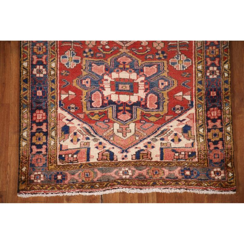 Geometric Heriz Persian Vintage Runner Rug Hand-Knotted Wool Carpet - 3'3"x 11'2"