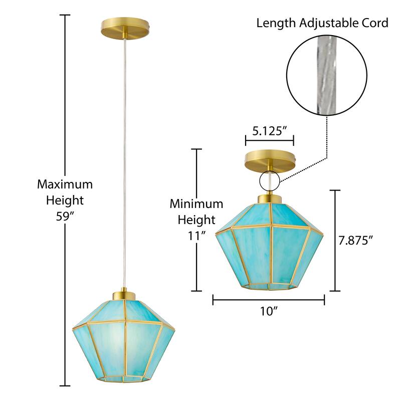 Margaux River of Goods Green Stained Glass and Metal 10-Inch Pendant Light with Adjustable Hanging Cord - 10" x 10" x 59"
