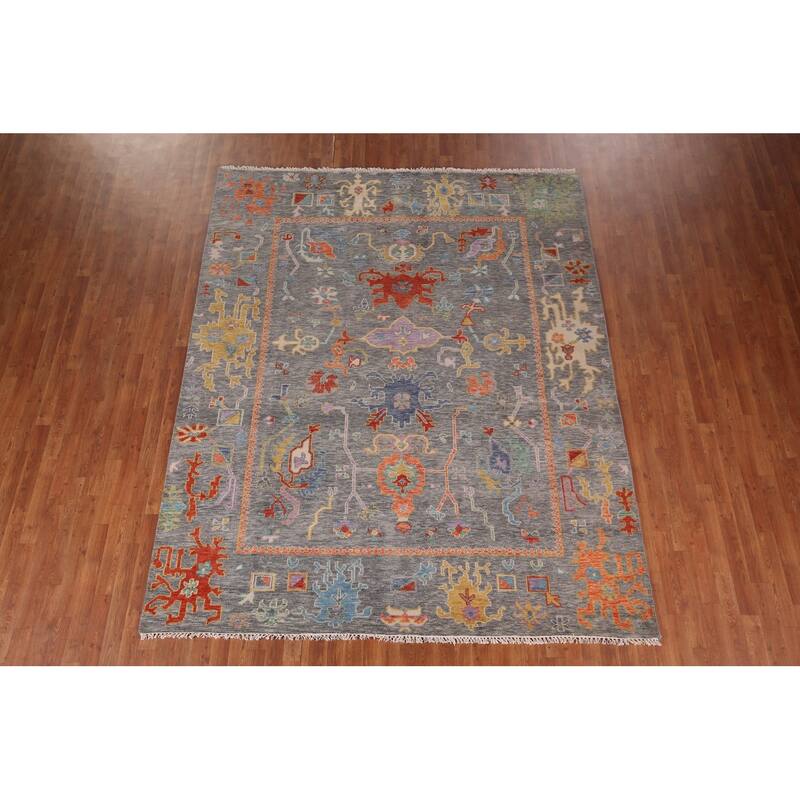 All-Over Gray Floral Oushak Indian Area Rug Hand-Knotted Wool Carpet - 7'10"x 9'8"