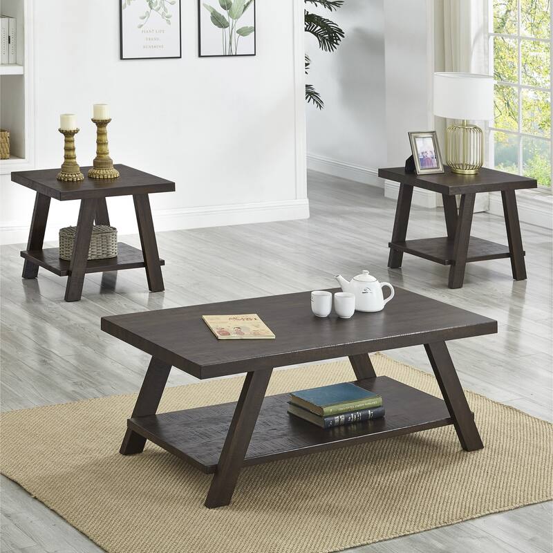 Modern Rectangular Wood Shelf Coffee Table with 1 Coffee Table and 2 Side Tables Splayed Legs, for Living Room - Taupe