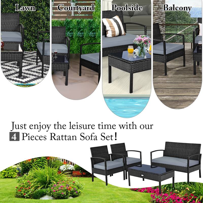 Costway 4PCS Patio Rattan Wicker Furniture Set Loveseat Sofa Cushioned - See Details