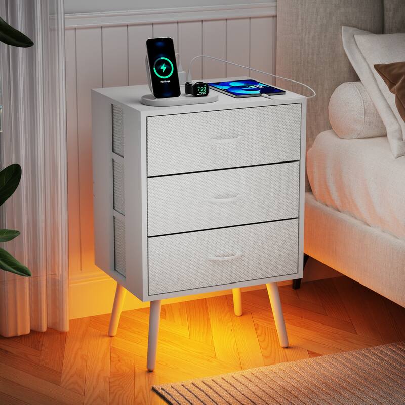 2 Pack Modern Nightstand with Charging Station, Bedside Tables with LED Light and Fabric Drawers