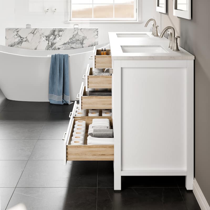 Eviva Aberdeen 84"W x 22"D Double Sink Bathroom Vanity with White Carrara Quartz Countertop and Undermount Porcelain Sinks