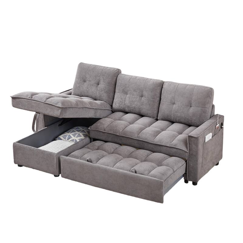 78.75" Chenille L-Shaped Reclining Sofa Bed with USB-C Charging, Storage and Arm Organizer