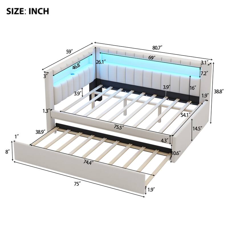 Roomfitters Full Size Upholstered Platform Bed with USB Ports, LED Light Belt and Twin Trundle, Modern Sleeper Bed, White