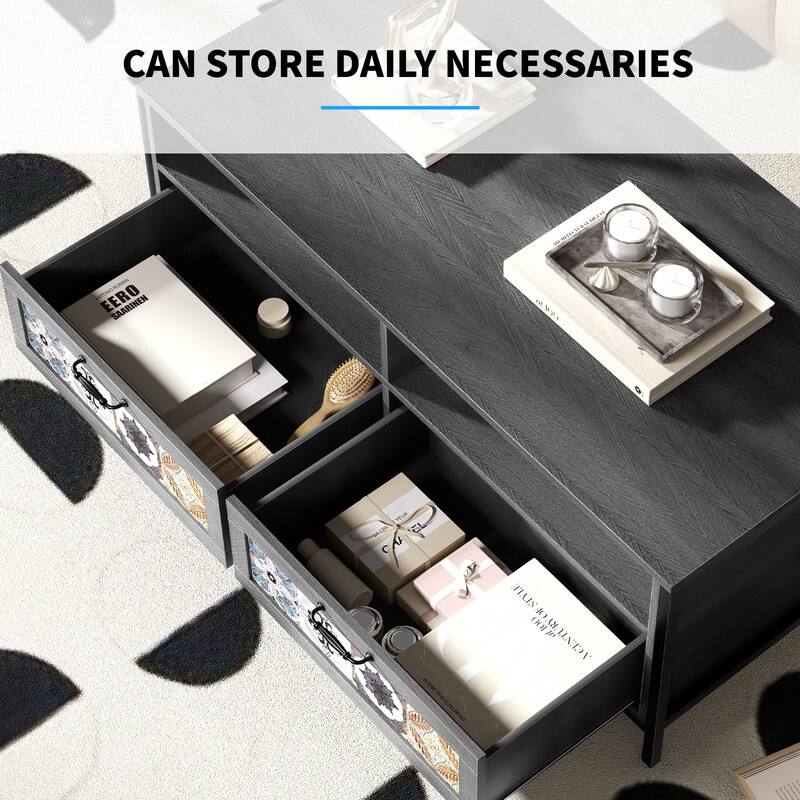 Mixoy Coffee Table, Mid Century Modern Coffee Table with 2 Open Shelves and 2 Storage Cabinets for Living Room - 47in*24in*19in