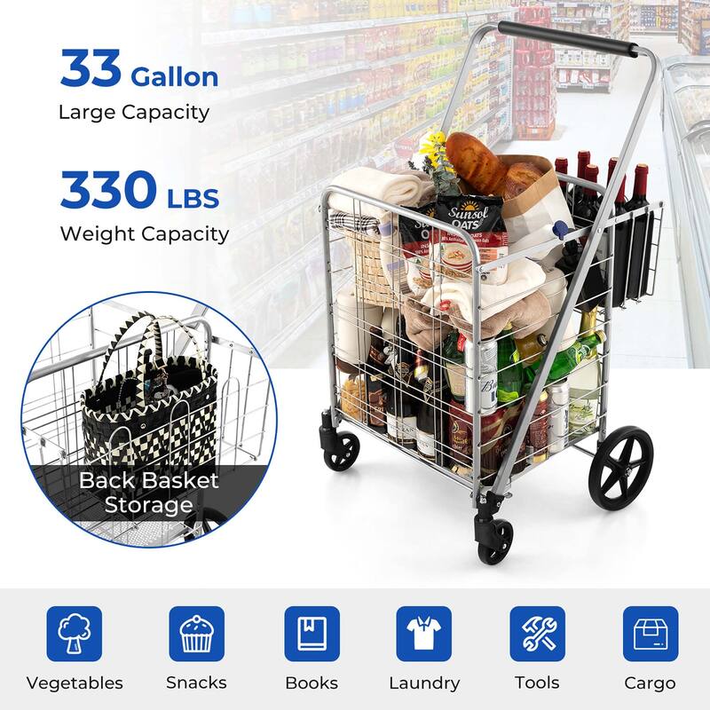 Gymax Folding Shopping Cart Jumbo Upgraded Utility Grocery Cart w/