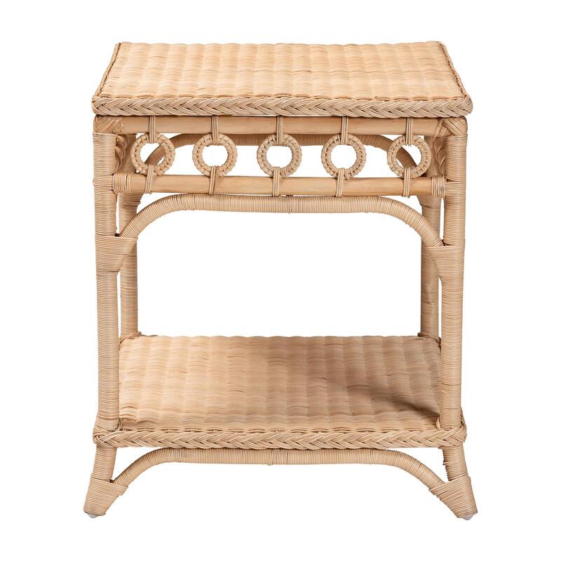 Oxford Braided Natural Rattan End Table with Shelf - Boho Table with Loop Detailing, Coastal Style for Living Room or Bedroom