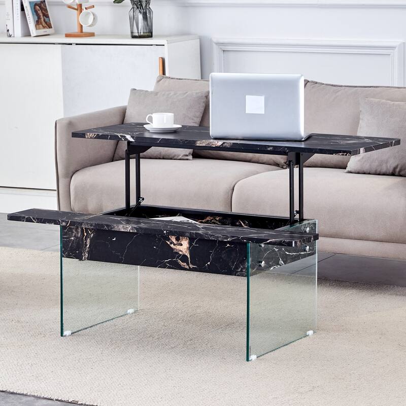 Multifunctional Lift-Top Coffee Table with Tempered Glass Legs, Rectangular Living Room Table 2-Tier Center Table