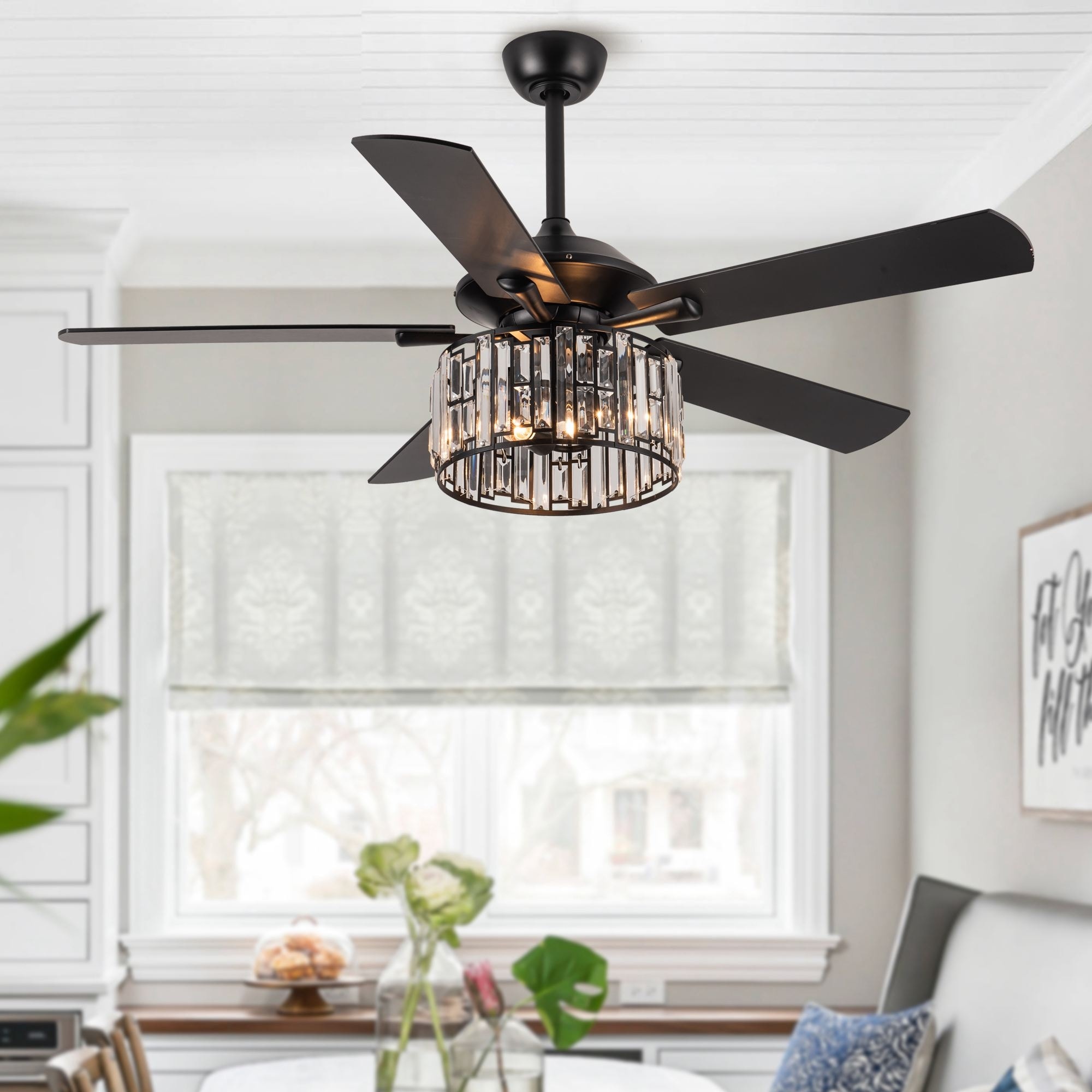 52" Matte Black Modern Crystal Reversible Chandelier Indoor Ceiling Fan with Light and Remote - 52" D x 52" W x 19" H