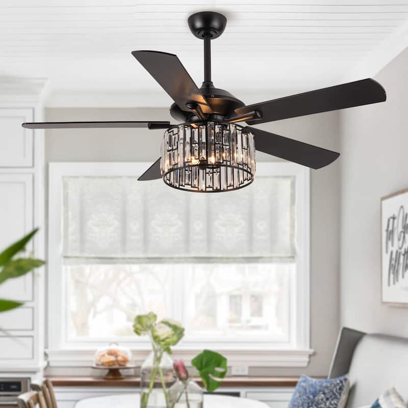 52" Matte Black Industrial Crystal Caged Downrod Mount Ceiling Fan with Remote and Light - Black