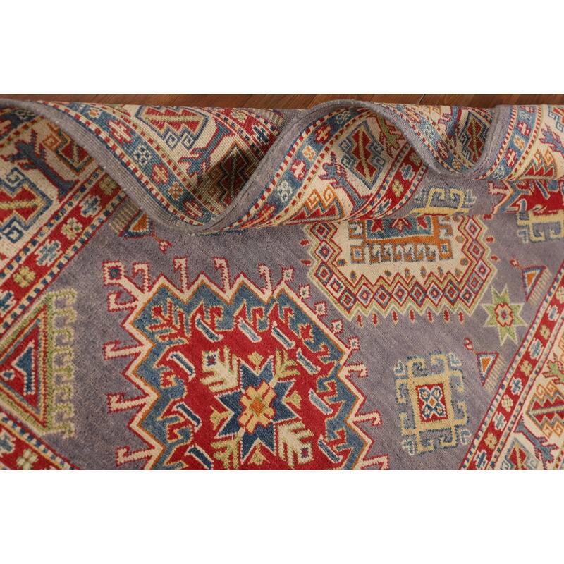 Grey Geometric Kazak Area Rug Handmade Oriental Wool Carpet - 4'1" x 6'2"