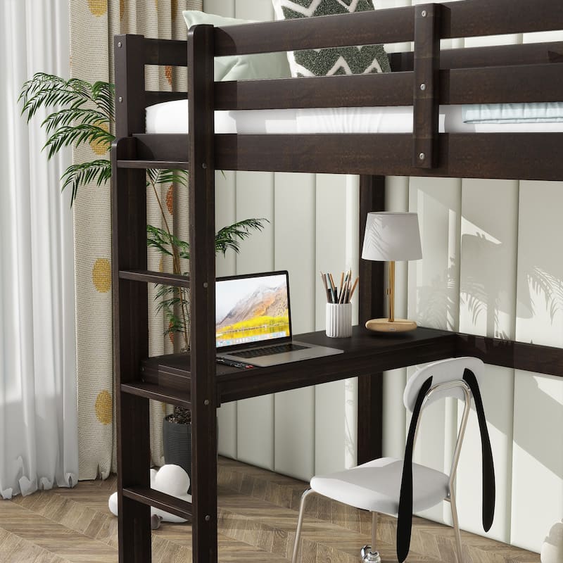 Twin High Loft Bed, Rubber Wood Loft Bed with Safety Guardrail built-in desk, ladder, Espresso