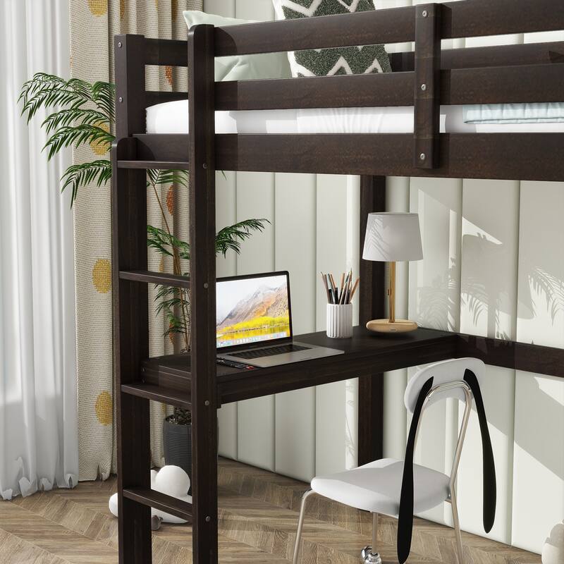 Twin Size High Loft Bed with Desk Underneath, Rubberwood Frame, Safety Guardrail and Ladder for Teens, Kids, Dorm or Bedroom