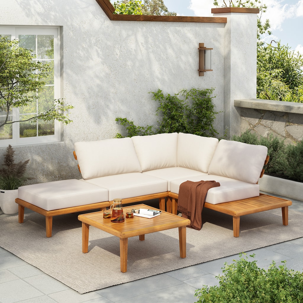 Christopher Knight Home - Laguna Outdoor Solid Acacia Wood 5-Piece Modular Sectional Sofa Set with Coffee Table and Cushions
