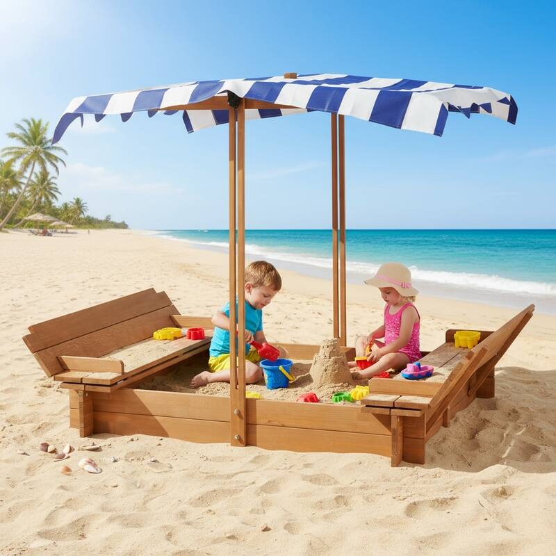 Kids Sandbox with Adjustable Cover, 46" Wooden Sand Box with 2 Foldable Bench Seats, Outdoor Sandpit for Backyard Play