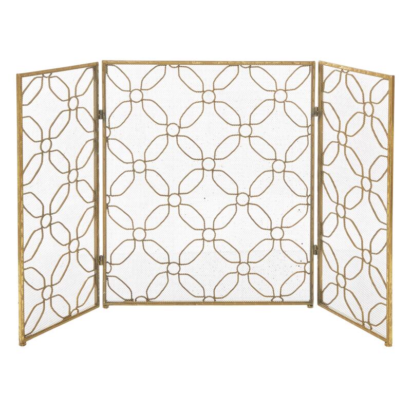 Gold Metal Foldable Mesh Netting 3 Panel Geometric Fireplace Screen
