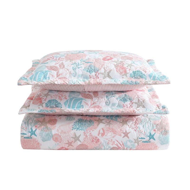 Laura Ashley Swimtime Cotton Reversible Pink Quilt Set