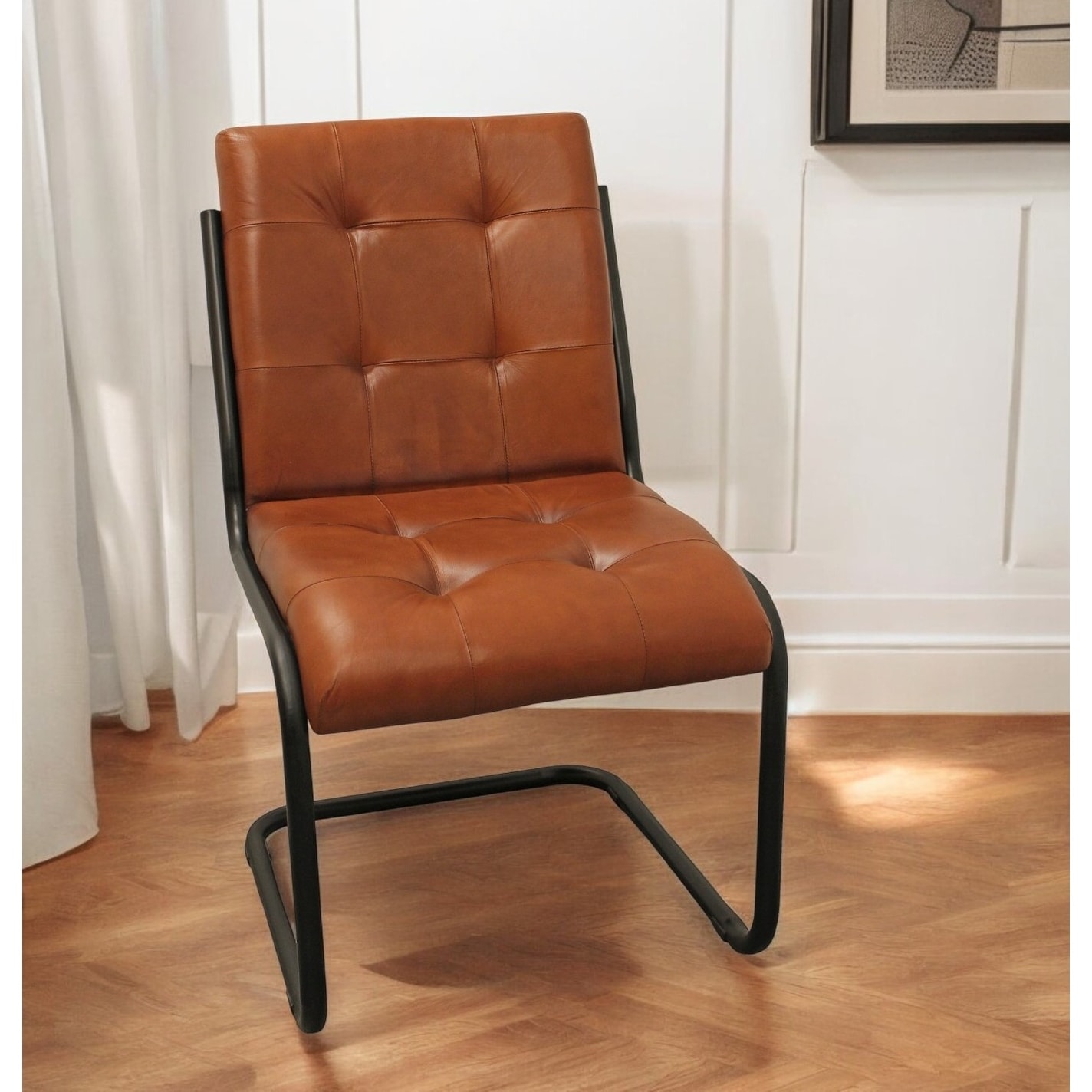 HomeRoots Tufted Cinnamon and Black Upholstered Leather Dining Side Chair - 22.00 in. x 34.00 in. x 25.00 in.