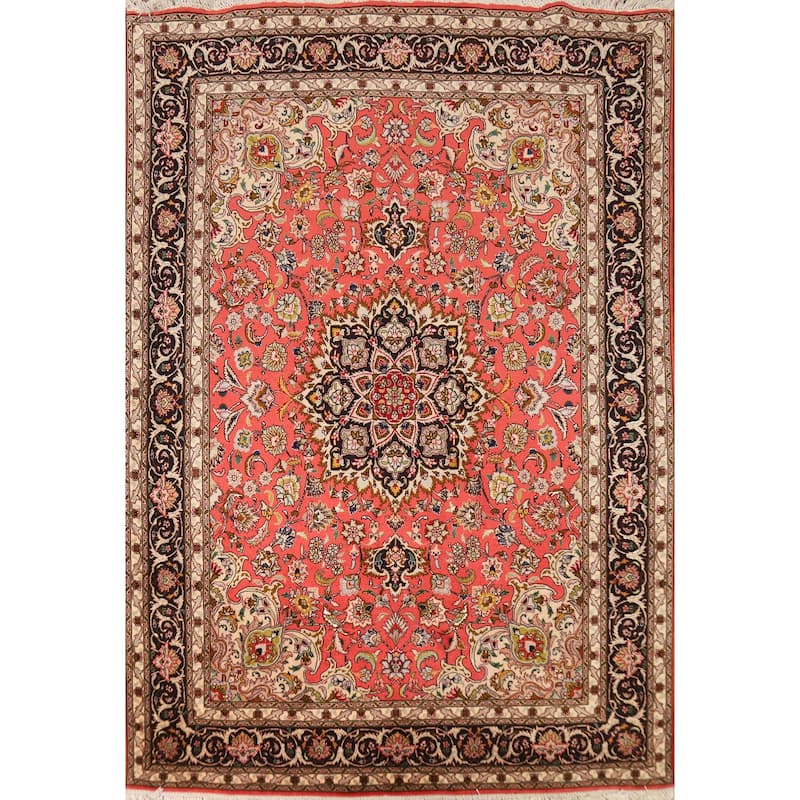 Hand-Knotted Red Floral Wool & Silk Tabriz Persian Rug - 5'1"x 6'9"