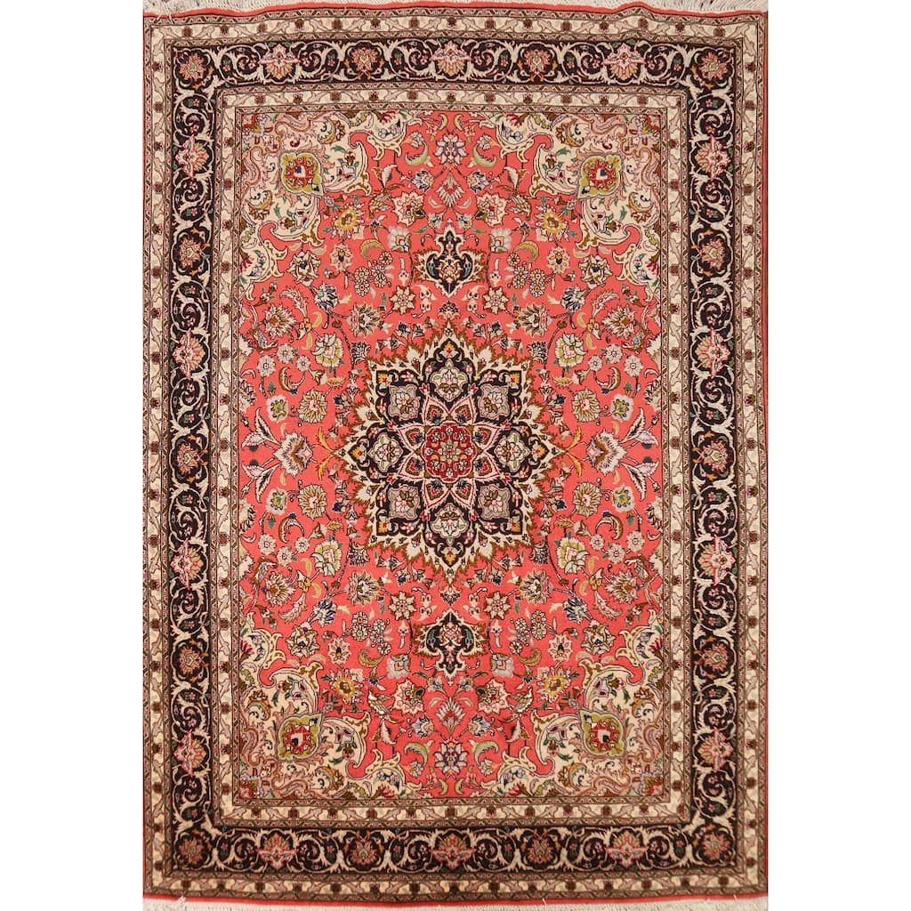 Hand-Knotted Red Floral Wool & Silk Tabriz Persian Rug - 5'1"x 6'9"