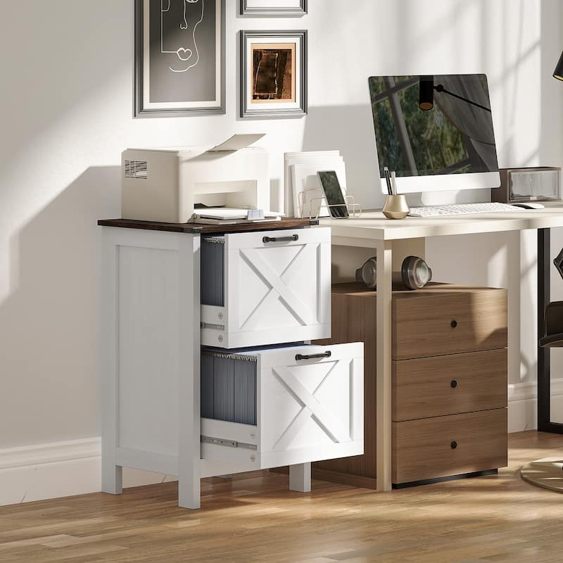 HOMCOM 2 Drawer Vertical File Cabinet with Silent Slides,Farmhouse Filing Cabinet with Barn Doors for A4/Letter Size - White