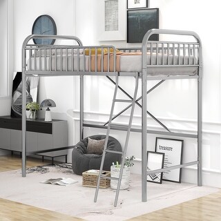 Sleek Metal Loft Bed, Twin Size, with Ladder and Guardrail for Modern Living