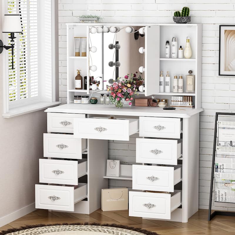 Contemporary Beauty Station - White Vanity Desk Makeup Vanity Dressing - 40.2"Wx54.1"H