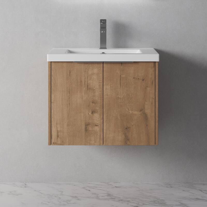 Bath Vanity Set in Imitative Oak with Resin Vanity Top in White with White Basin