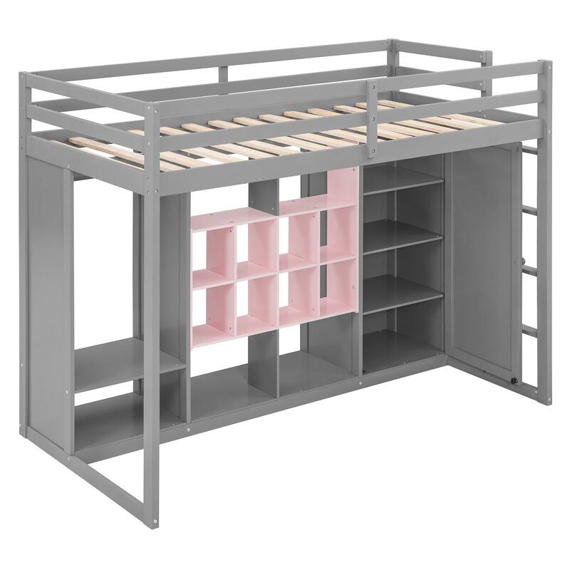 Twin Size Wood Loft Bed with Wardrobe, Shelves, and Cabinet in Gray and Pink