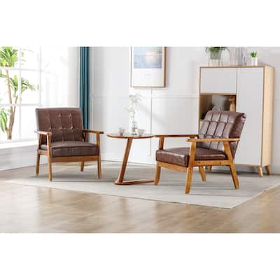 3 Pcs PU Leather Accent Chairs Set of 2 with Side Table, Brown PU