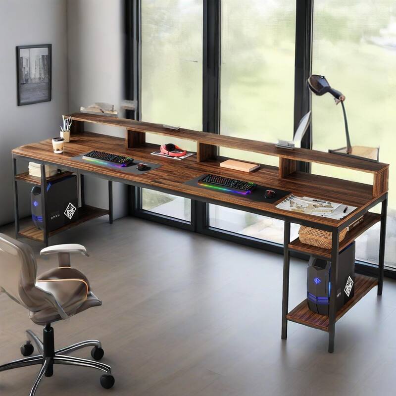 78" Double Computer Desk for 2 Person with Storage Shelves and Monitor Stands Rustic Brown Industrial Workstation