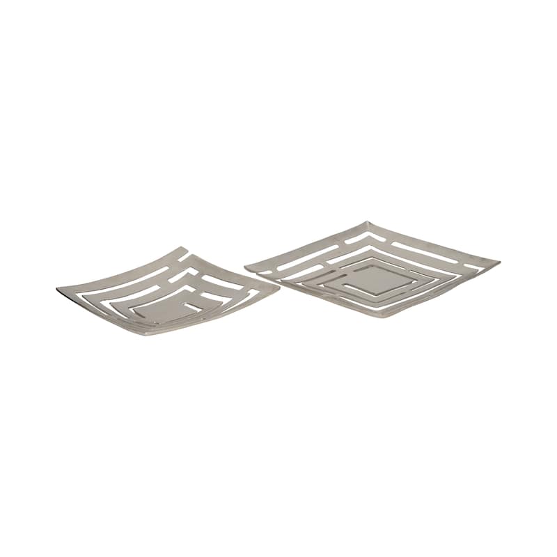 Metal, Set Of 2 14/17" Cutout Plates, Silver, Square, 3"H, Solid Color - 17" x 17" x 3" - 17" x 17" x 3"