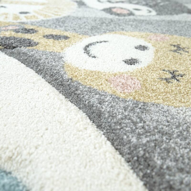 Nursery Rug for Kids Cute Animals on a Hot Air Balloon in Cream Blue