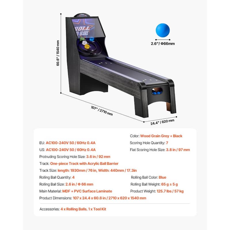 9 Feet Roll and LED Electronic Score Arcade Game Table with 4 Balls Ideal for Party and Holiday - 107 x 24.4 x 60.6 in