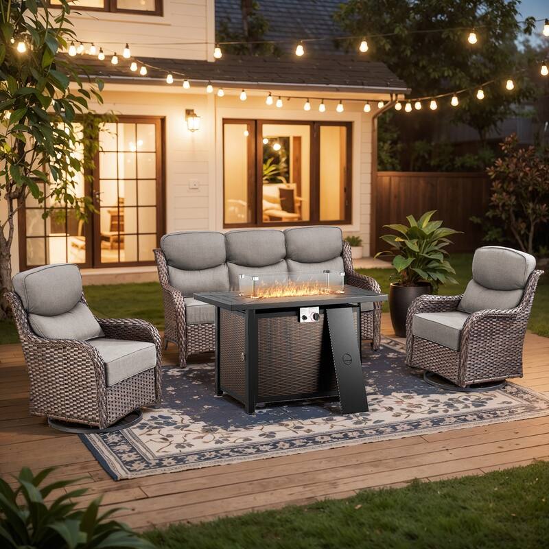 Pocassy Patio Sofa Swivel Chairs w/ 43in Fire Pit Table Set - Gray Cushion Brown Wicker - 4-Piece Sofa Siwvel Chair w/ Fire Pit Table