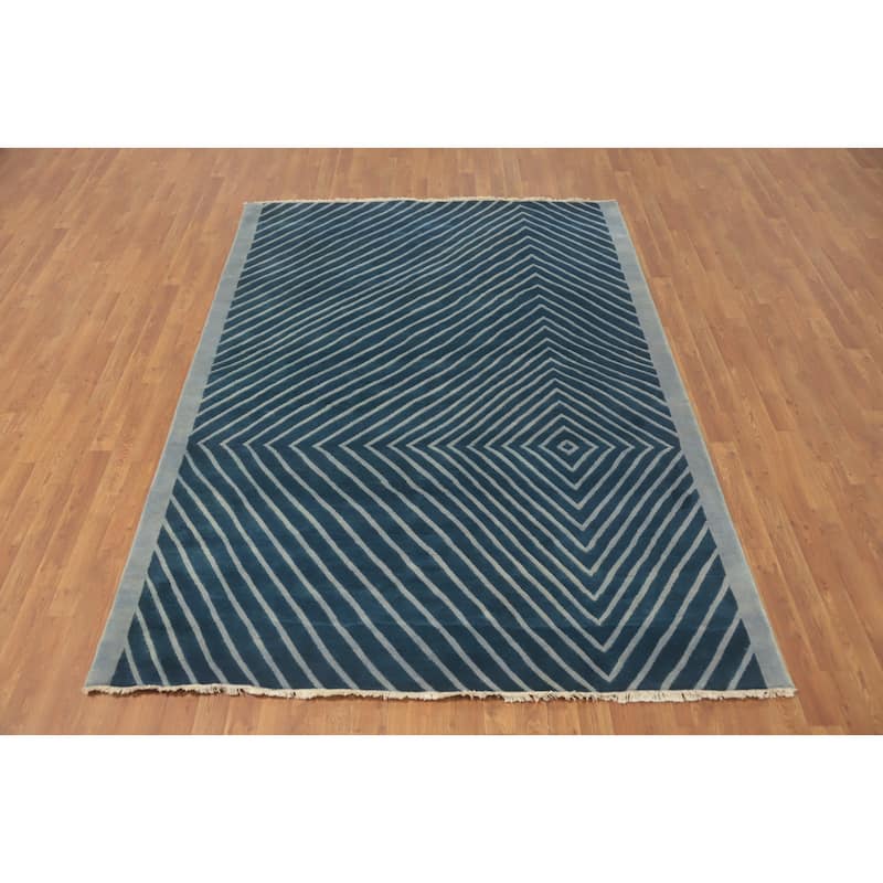 Hand-knotted Tribal Wool Blue Geometric Oriental Area Rug - 8' 5'' X 6' 2''