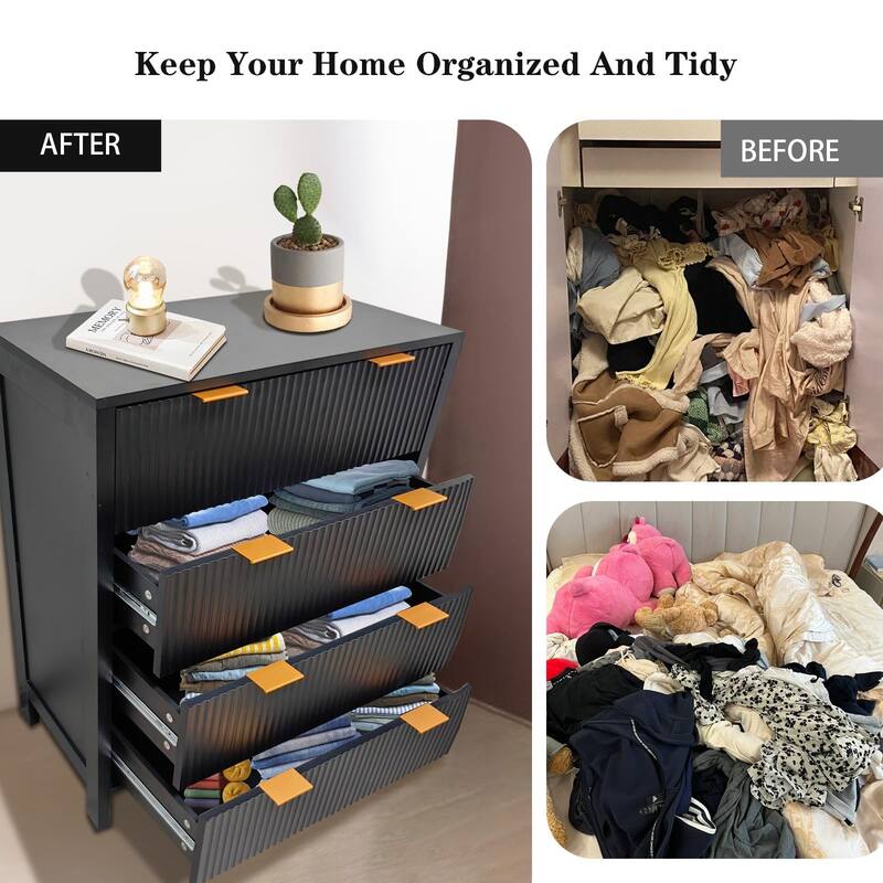 4 Drawer Fluted Dresser for Bedroom, Modern Wood Chest with Gold Handles, Narrow Storage Cabinet or TV Stand