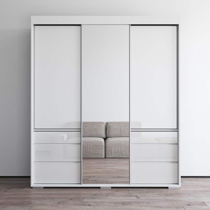 Monaco 3-door Modern 71-inch Wardrobe with Mirror - White