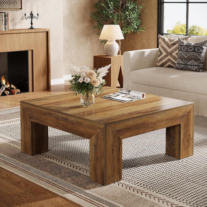 39.4" Square Coffee Table for Living Room, Farmhouse Center Cocktail Table (MDF) - 39.4" L x 39.4" W x 19.7" H