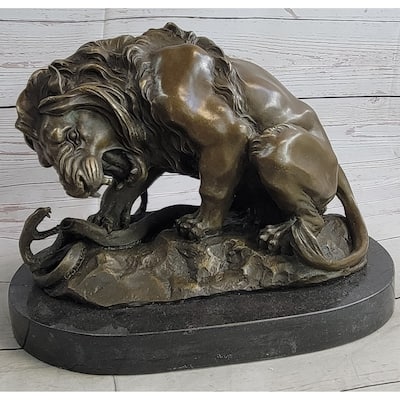 Lion Vs. Imitative Snake Bronze Sculpture Animal Sculpture A. Barye Figurine On Marble Base