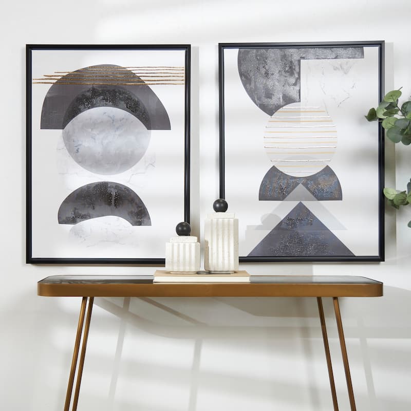 White Canvas Mid Century Modern Geometric Abstract Framed Wall Art with Gold Foil Accents (Set of 2) - 1.50 x 23.60 x 31.50