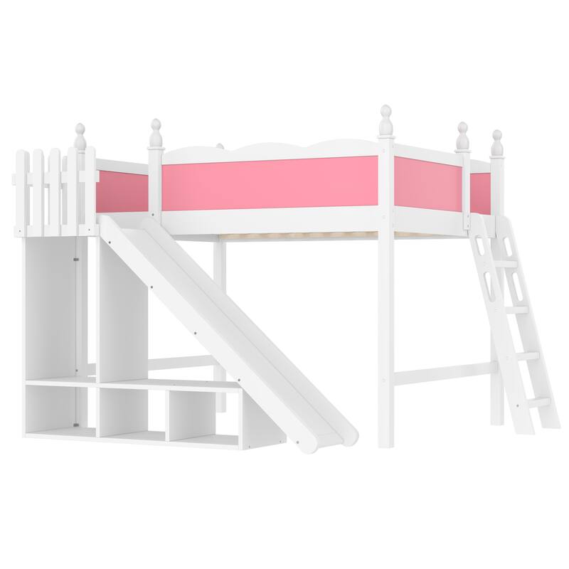 Queen/Full Size Solid Wood Loft Bed with Slide, Storage Shelves, Cabinet, Ladder & Play Area, No Box Spring Needed