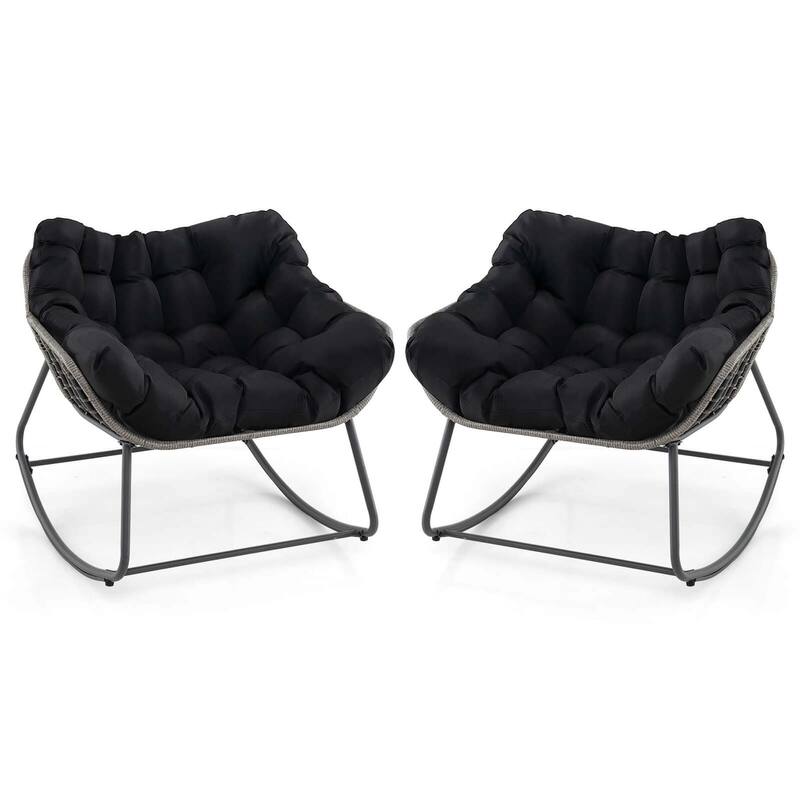 1/2 PCS Outdoor Rocking Chair Oversized Papasan Chair w/ Cushion - Black - 2-Piece