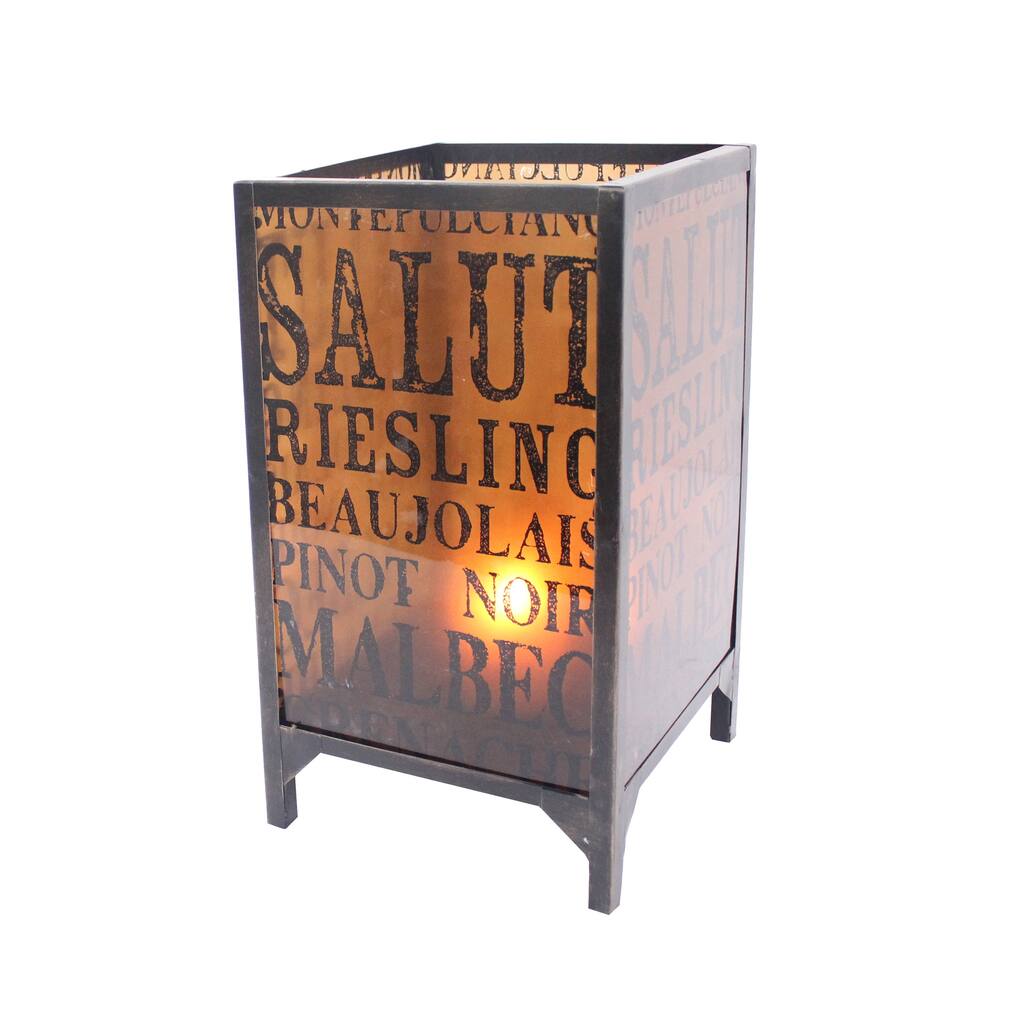 Cuboidal Metal and Glass Candleholder with Typography, Black and Clear